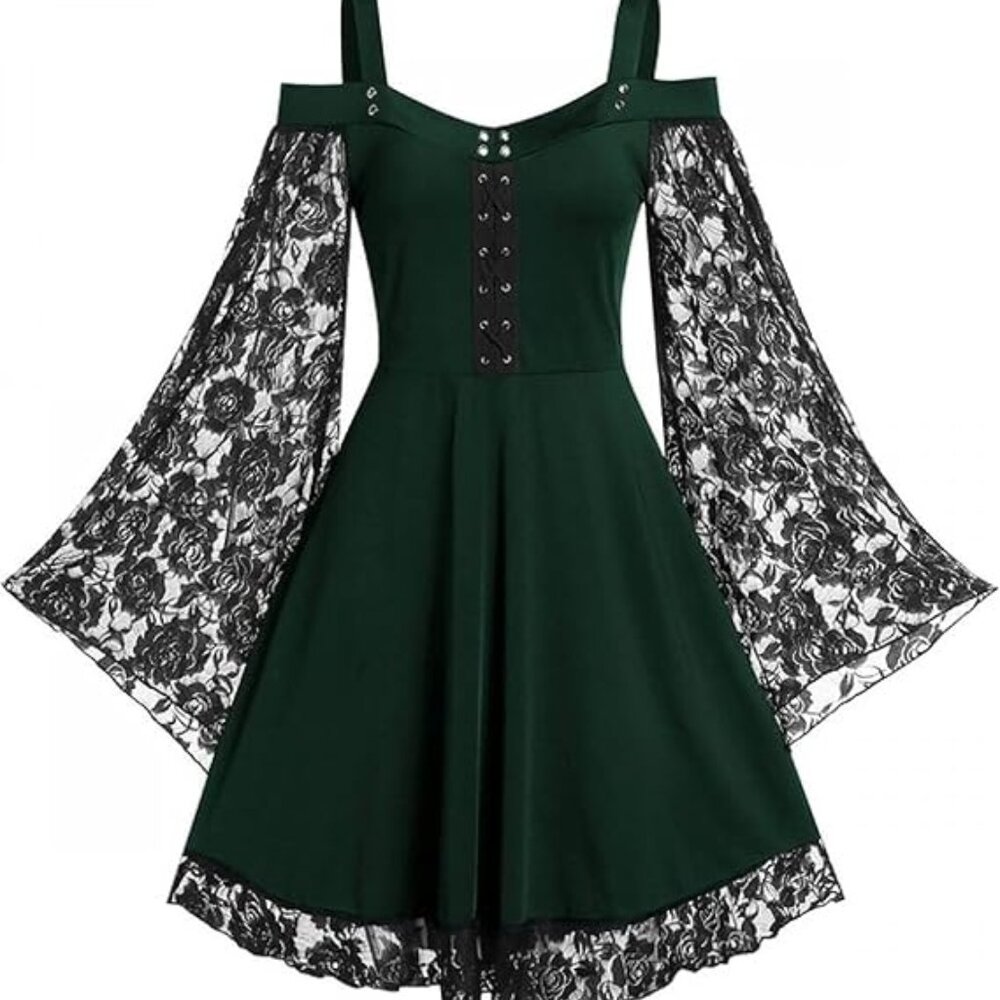 Gothic Black and Green Dress Vintage Lace‎  Goth Punk Rock Renaissance XL